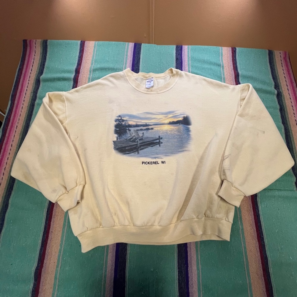 Jerzees Sweatshirt Unisex 2XL Yellow Pickerel WI Darrell Bush Graphic Vintage